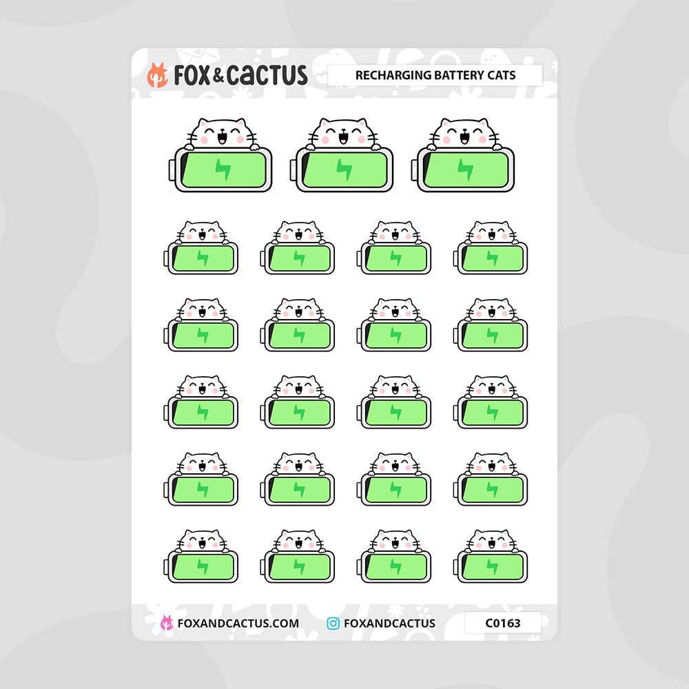Recharged Battery Cat Stickers by Fox and Cactus
