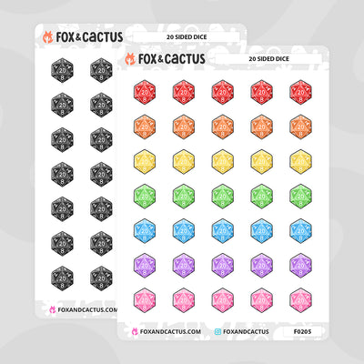 20 Sided Dice Stickers by Fox and Cactus