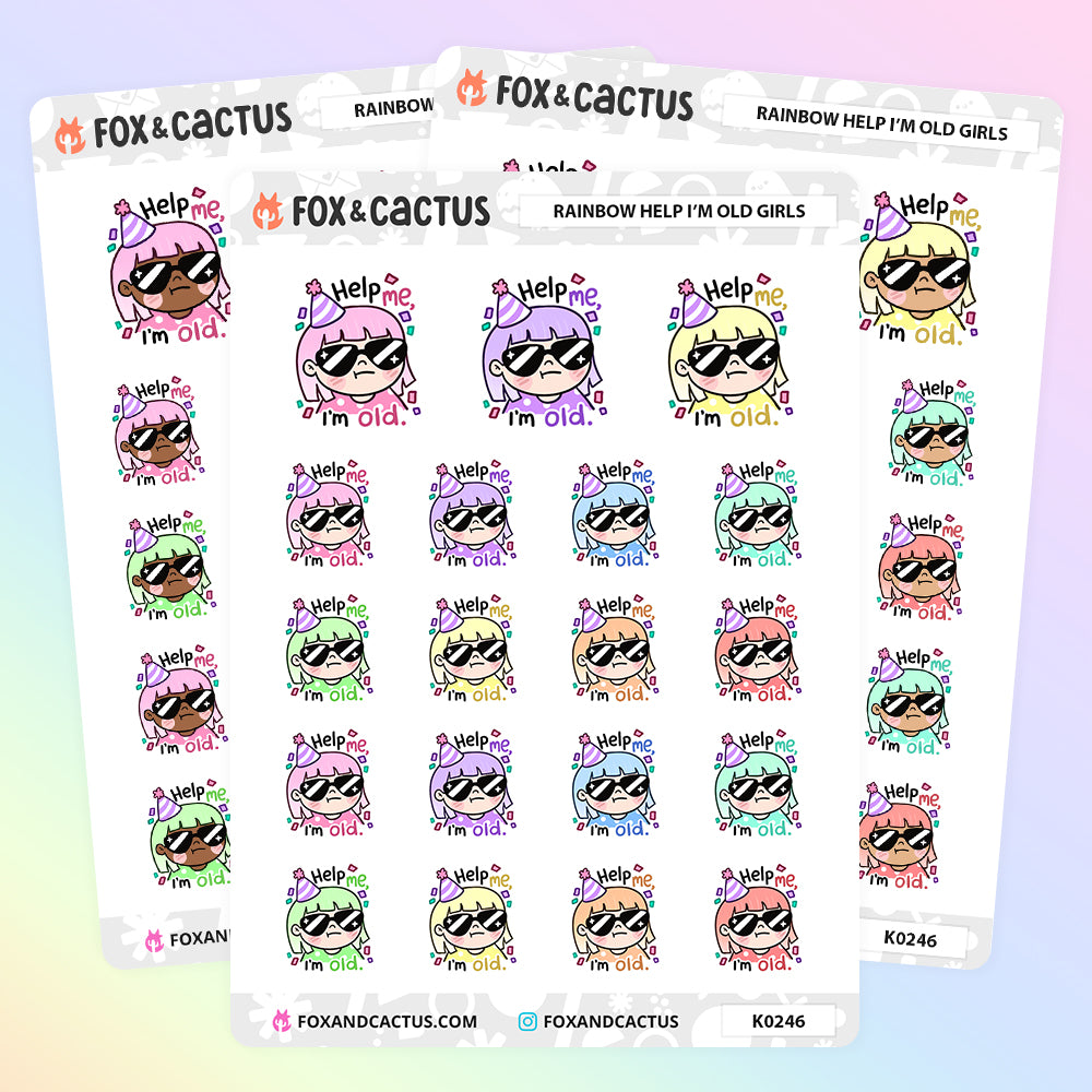 Rainbow Help Me I'm Old Kawaii Girl Stickers by Fox and Cactus