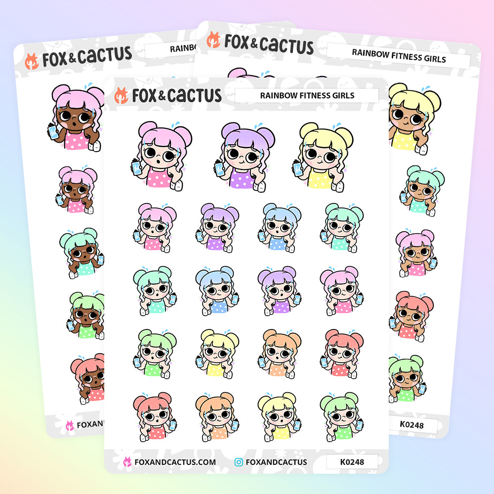 Rainbow Fitness Kawaii Girl Stickers by Fox and Cactus