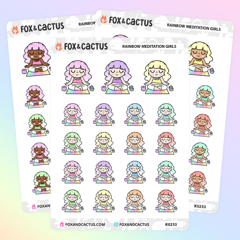 Rainbow Meditation Kawaii Girl Stickers by Fox and Cactus