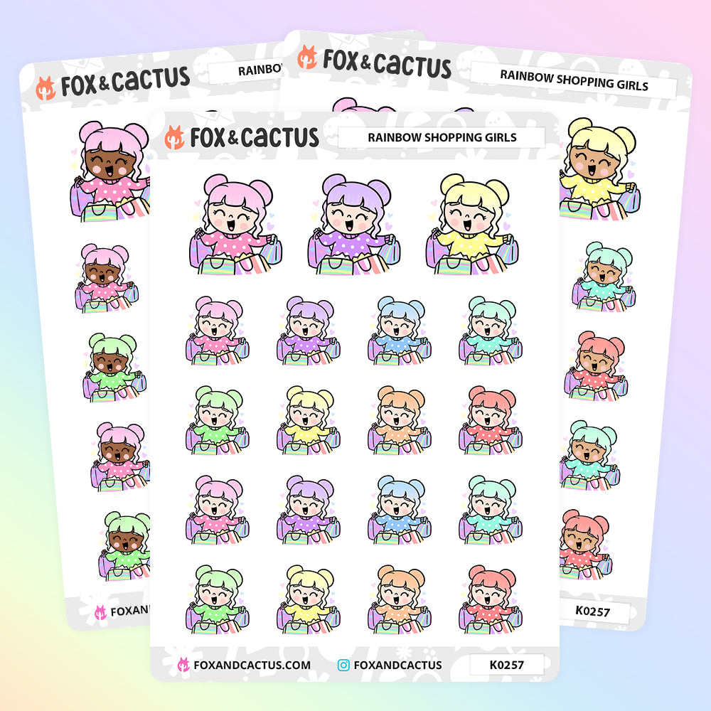 Rainbow Shopping Kawaii Girl Stickers by Fox and Cactus