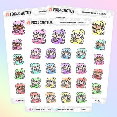 Rainbow Bubble Tea Kawaii Girl Stickers by Fox and Cactus