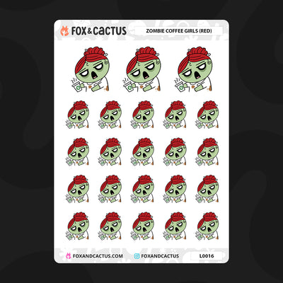 Zombie Coffee Kawaii Girl (Red Hair) Stickers by Fox and Cactus