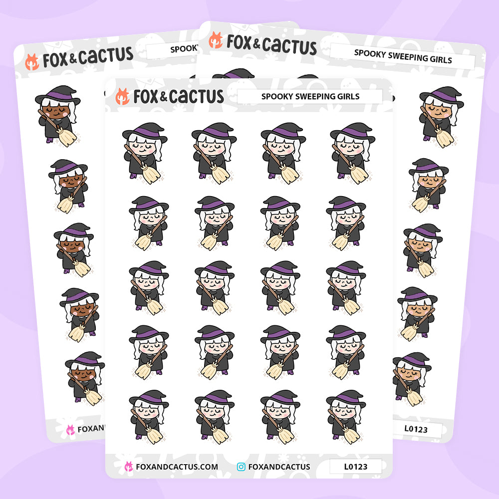 Spooky Sweeping Kawaii Girl Stickers