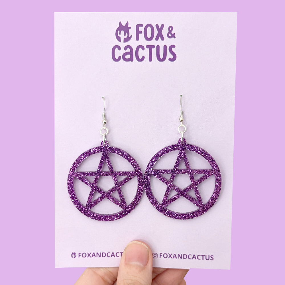 Pentacle (Purple Glitter) Dangle Earrings