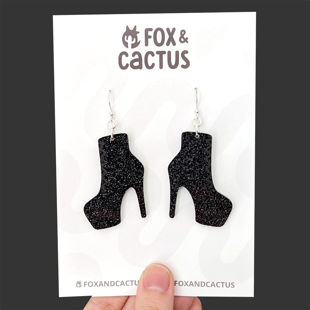 Pole Boots (Black Glitter) Earrings