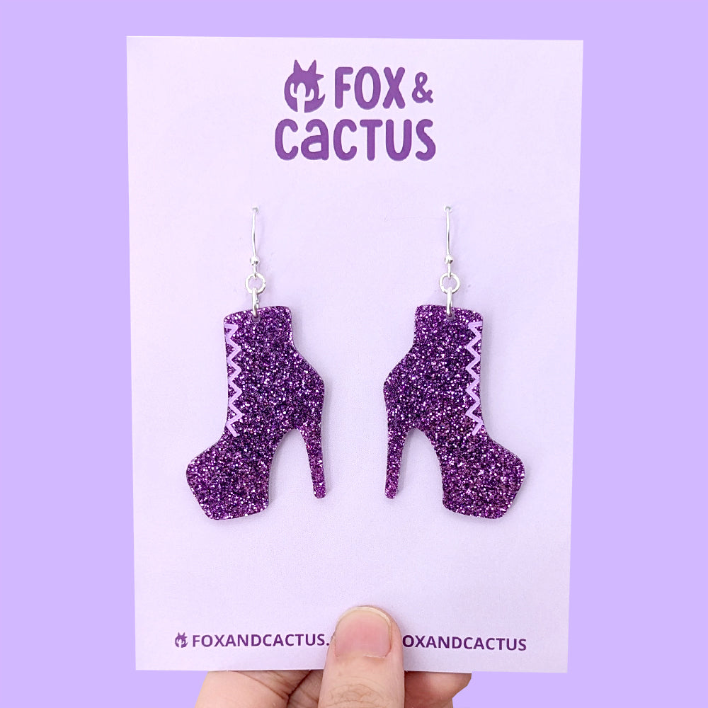 Pole Boots (Purple Glitter) Earrings