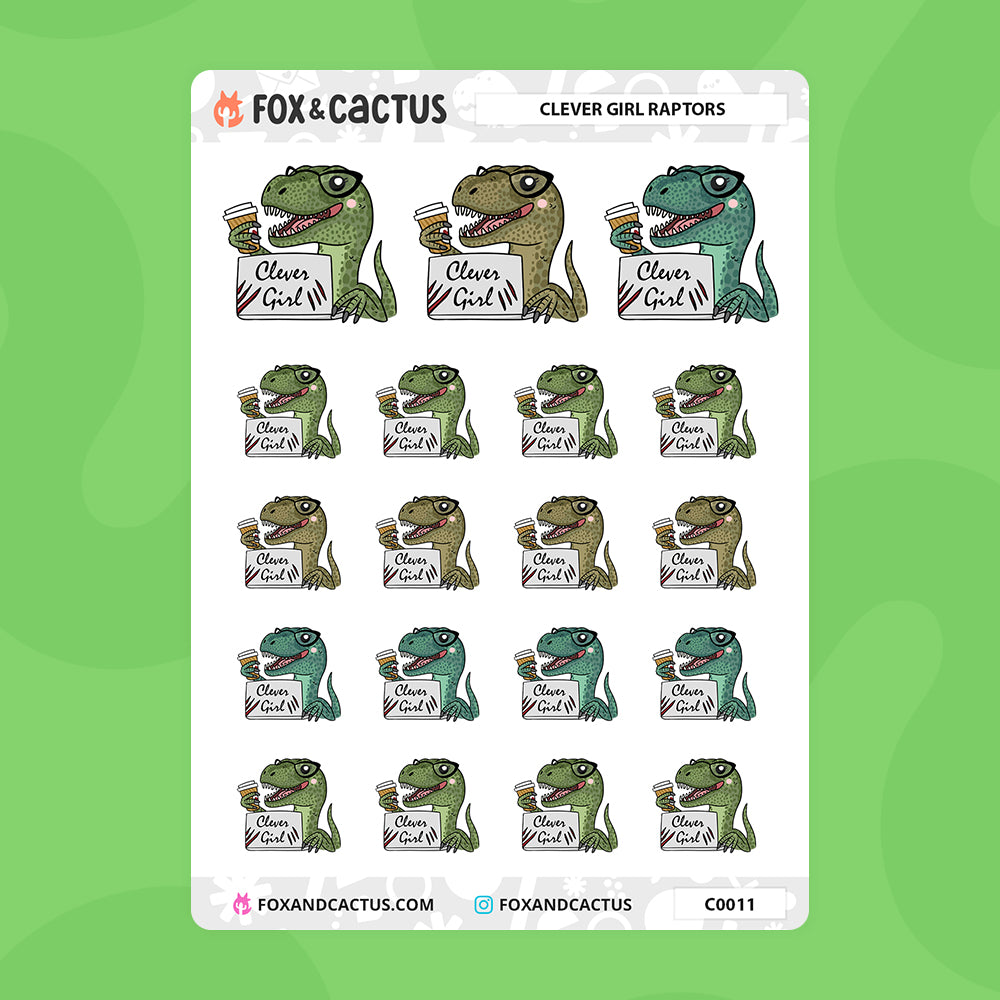 Clever Girl Velociraptor Stickers by Fox and Cactus