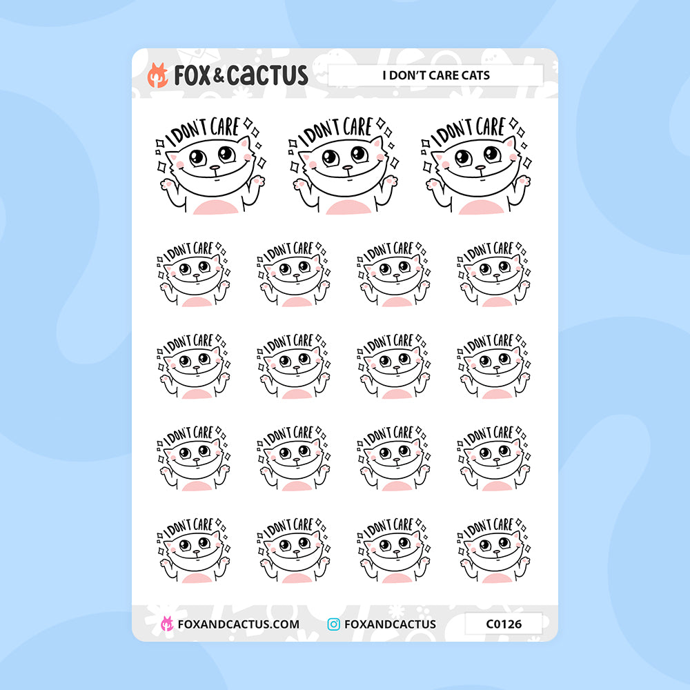 I Don't Care Cat Stickers by Fox and Cactus