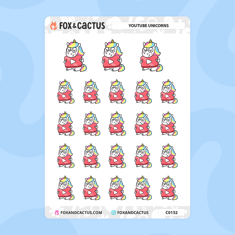 Youtube Unicorn Stickers by Fox and Cactus