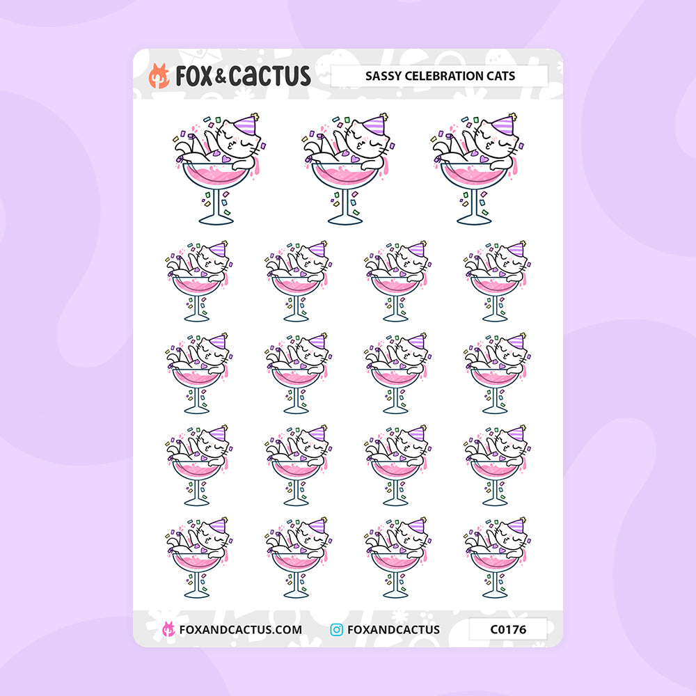 Sassy Celebration Cat Stickers by Fox and Cactus