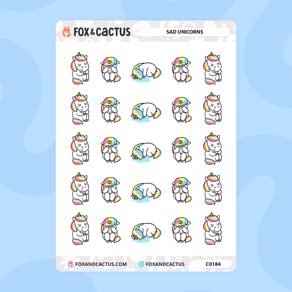 Sad Unicorn Stickers by Fox and Cactus