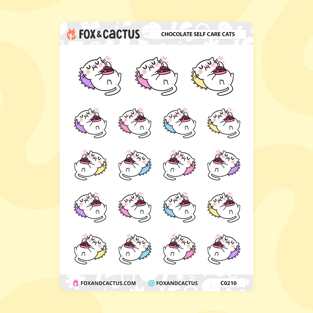 Chocolate Self Care Cat Stickers by Fox and Cactus