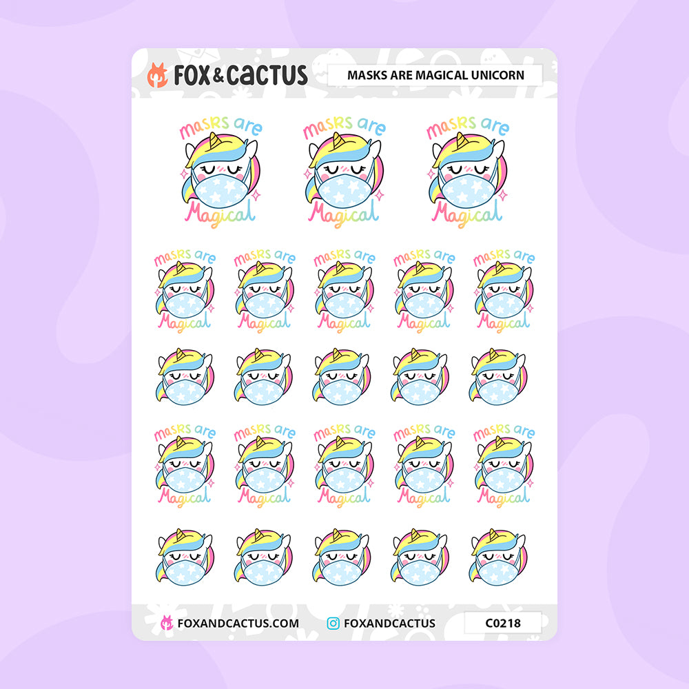 Masks are Magical Unicorn Stickers by Fox and Cactus