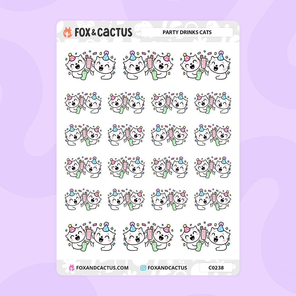 Party Drinks Cat Stickers by Fox and Cactus