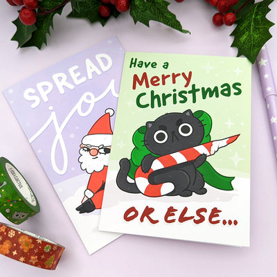 Stabby Festive Cat Greeting Card by Fox and Cactus