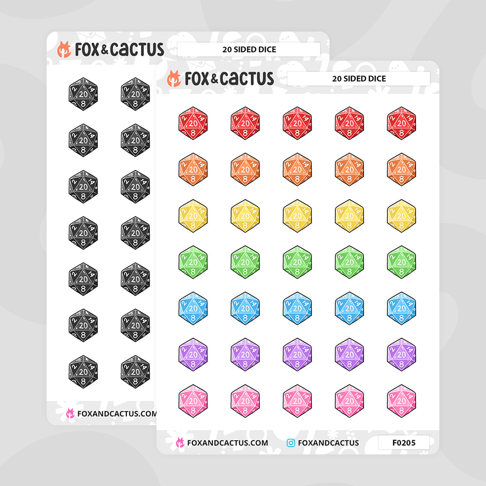 20 Sided Dice Stickers by Fox and Cactus