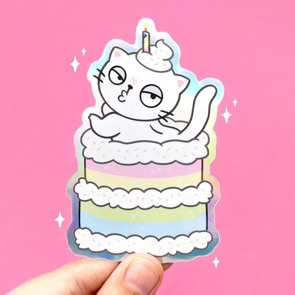 Holographic Spicy Birthday Cat Vinyl Die Cut Sticker by Fox and Cactus