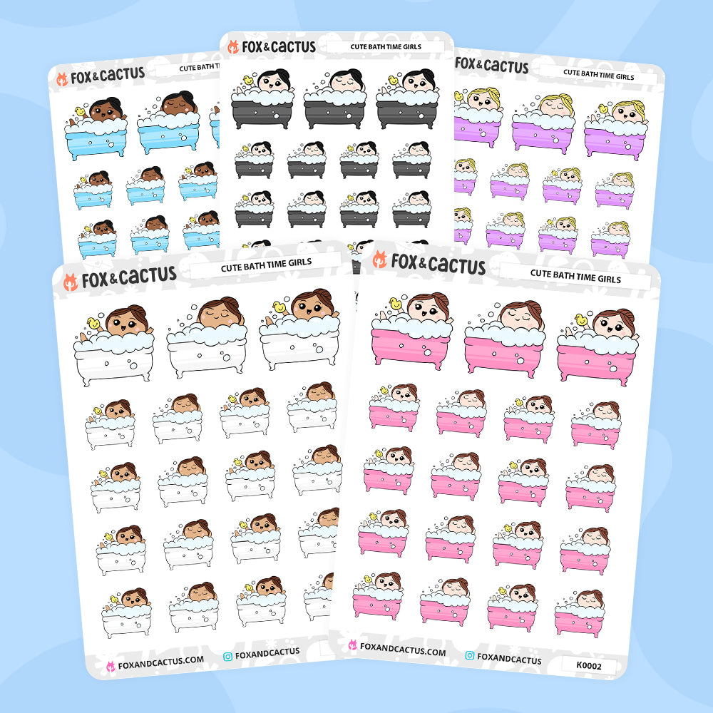 Bath Time (Cute) Kawaii Girl Stickers by Fox and Cactus