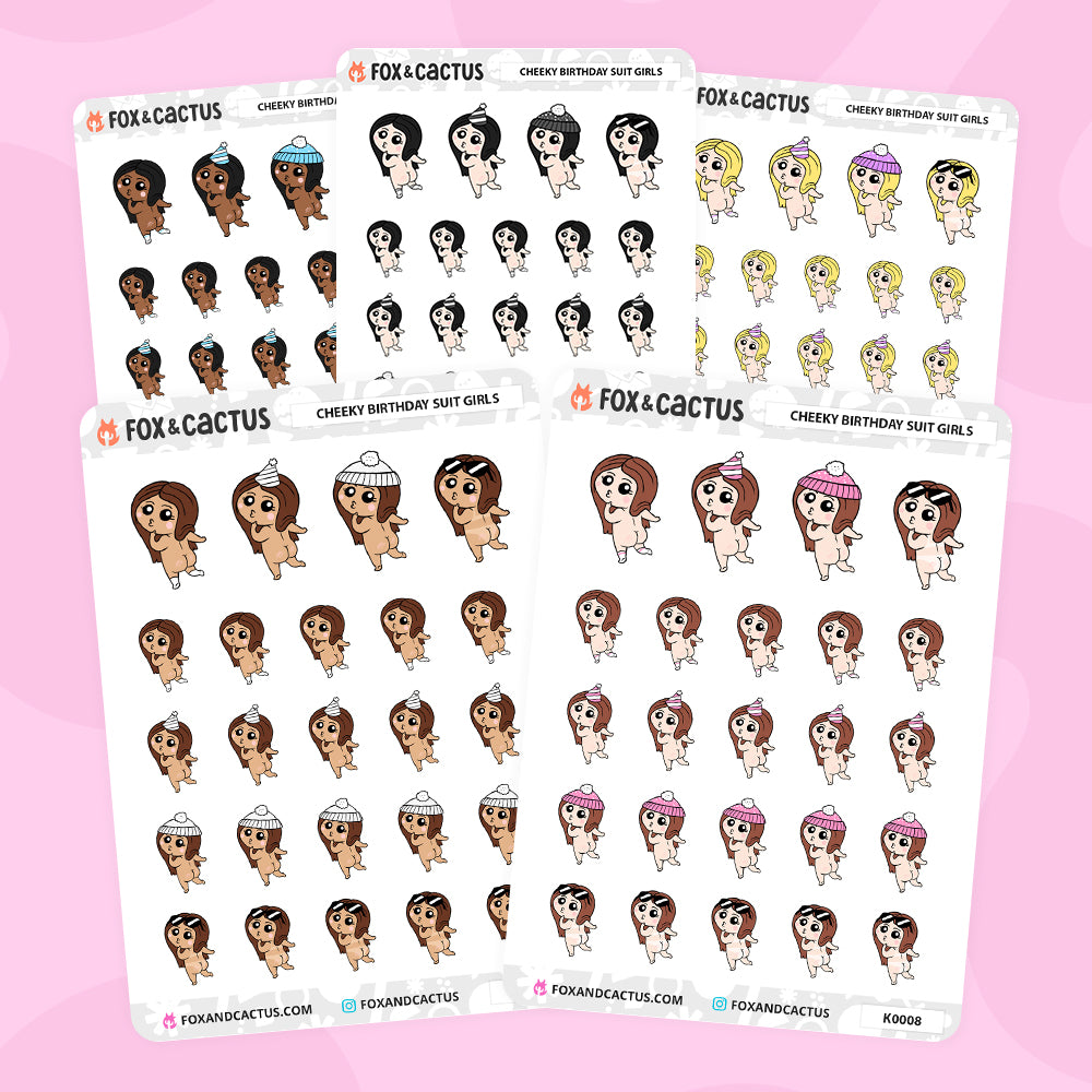 Cheeky Birthday Suit Kawaii Girl Stickers by Fox and Cactus