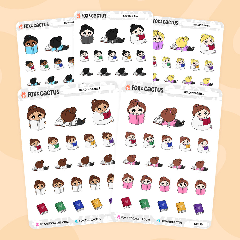 Reading Kawaii Girl Stickers by Fox and Cactus