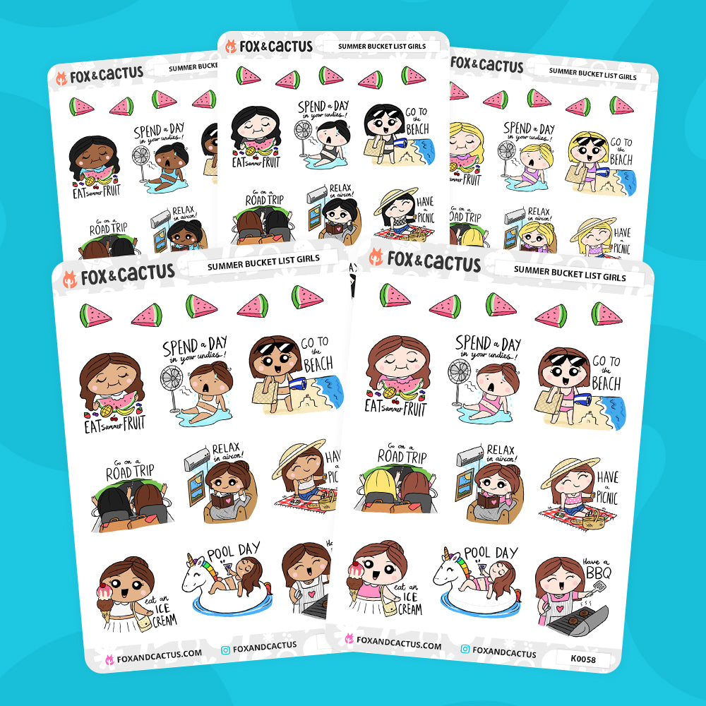 Summer Bucket List Kawaii Girl Stickers by Fox and Cactus