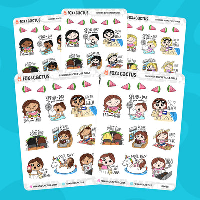 Summer Bucket List Kawaii Girl Stickers by Fox and Cactus