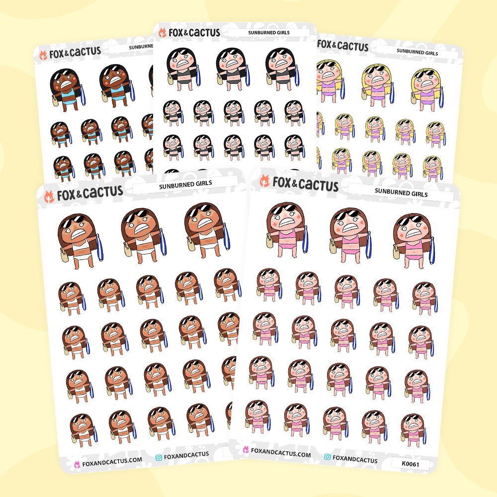 Sunburned Kawaii Girl Stickers by Fox and Cactus