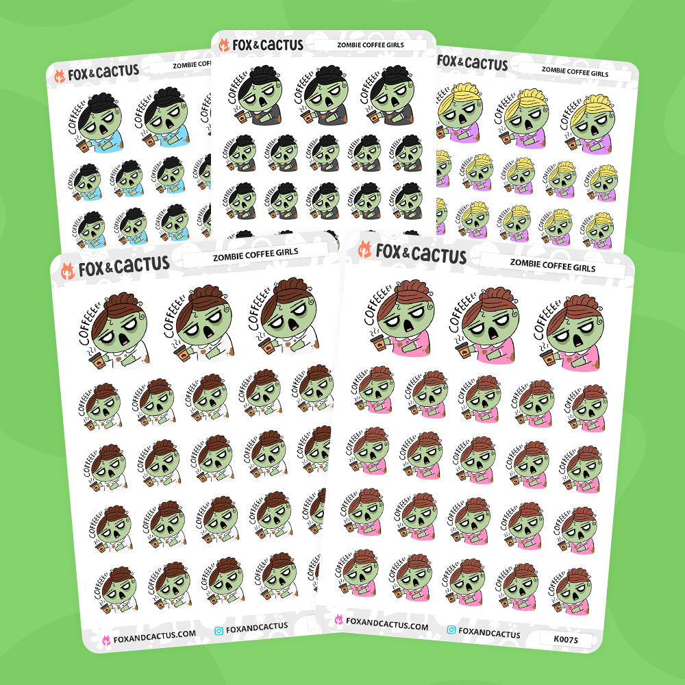 Zombie Coffee Kawaii Girl Stickers by Fox and Cactus
