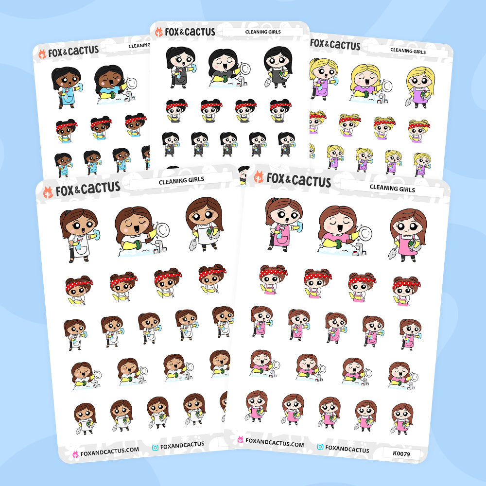 Cleaning Kawaii Girl Stickers by Fox and Cactus