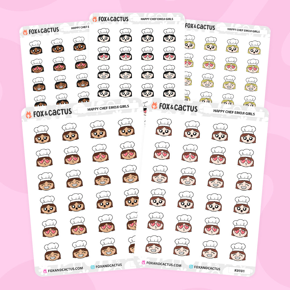 Happy Chef Hat Emoji Kawaii Girl Stickers by Fox and Cactus