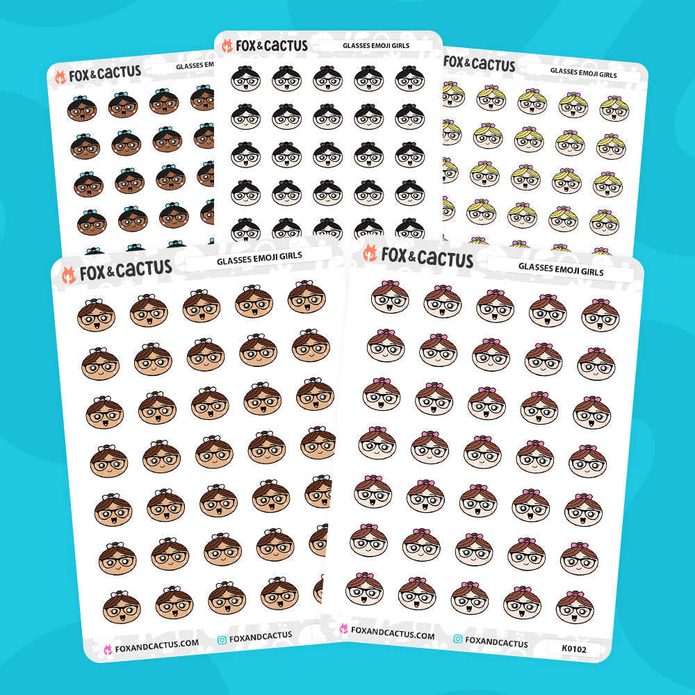 Kawaii Girl with Glasses Emoji Stickers by Fox and Cactus