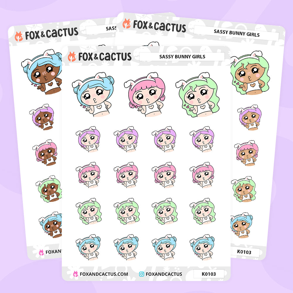 Sassy Bunny Kawaii Girl Stickers by Fox and Cactus