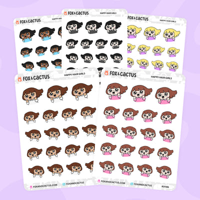 Happy Hair Kawaii Girl Stickers by Fox and Cactus