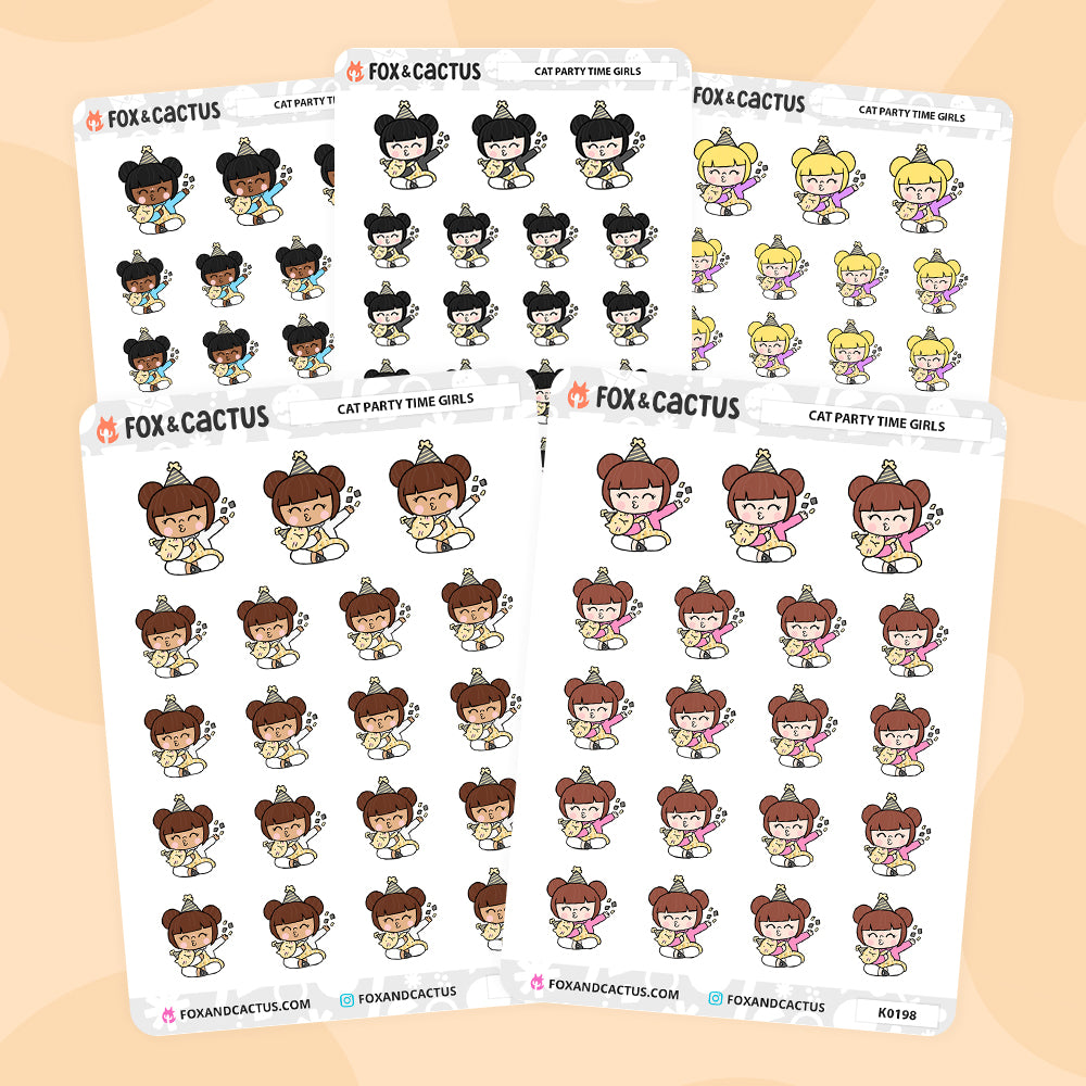 Cat Party Time Kawaii Girl Stickers by Fox and Cactus