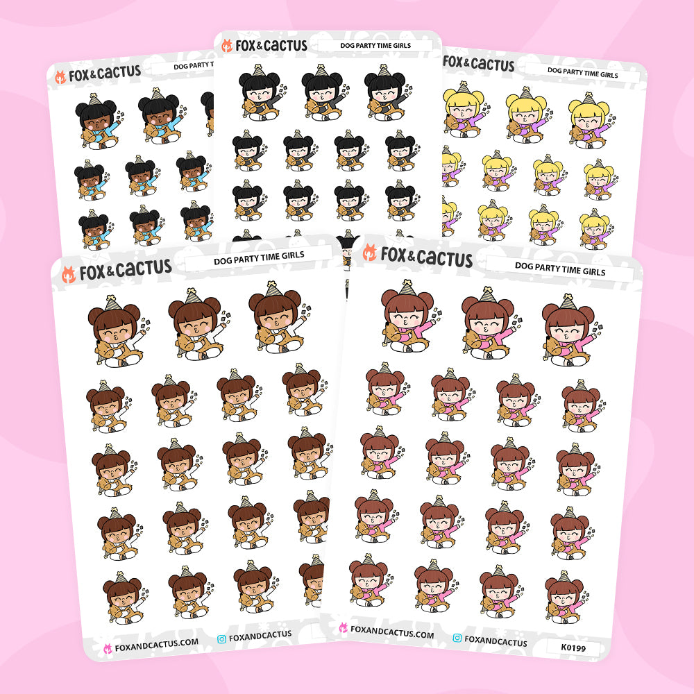 Dog Party Time Kawaii Girl Stickers by Fox and Cactus
