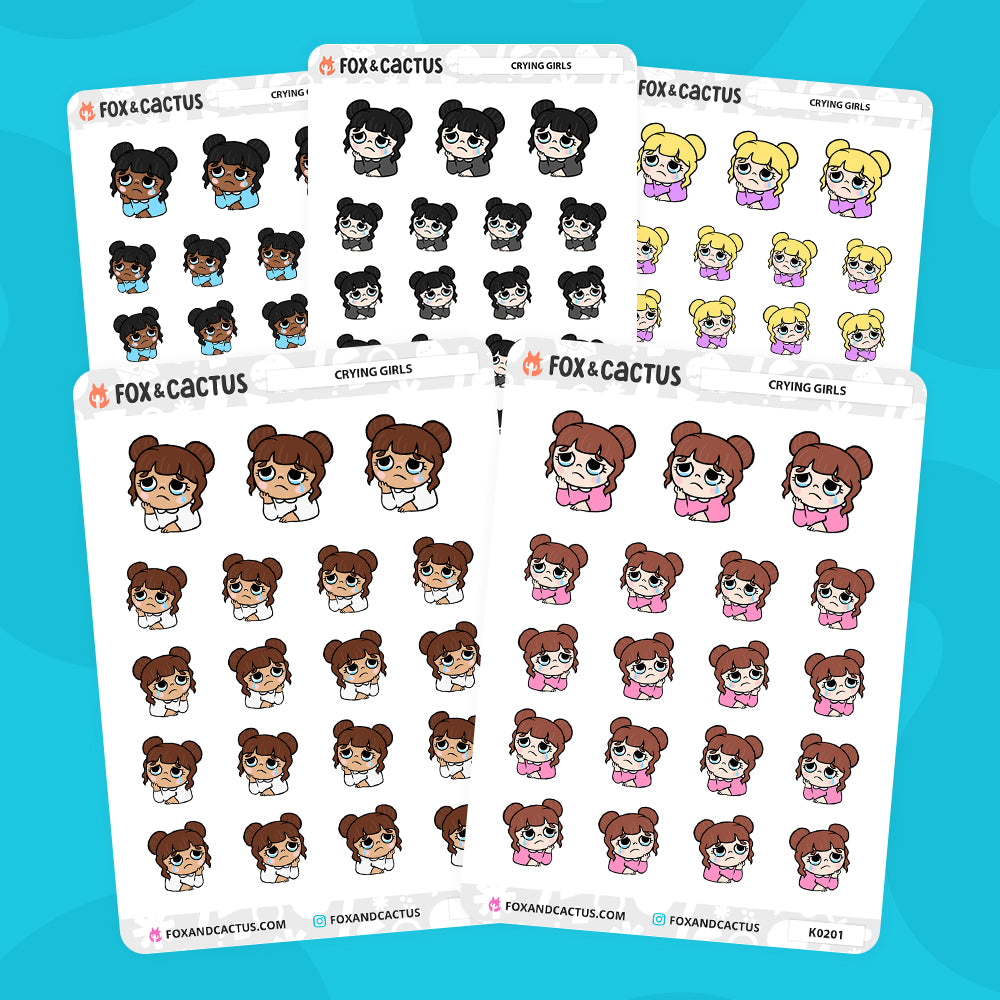 Crying Kawaii Girl Stickers by Fox and Cactus