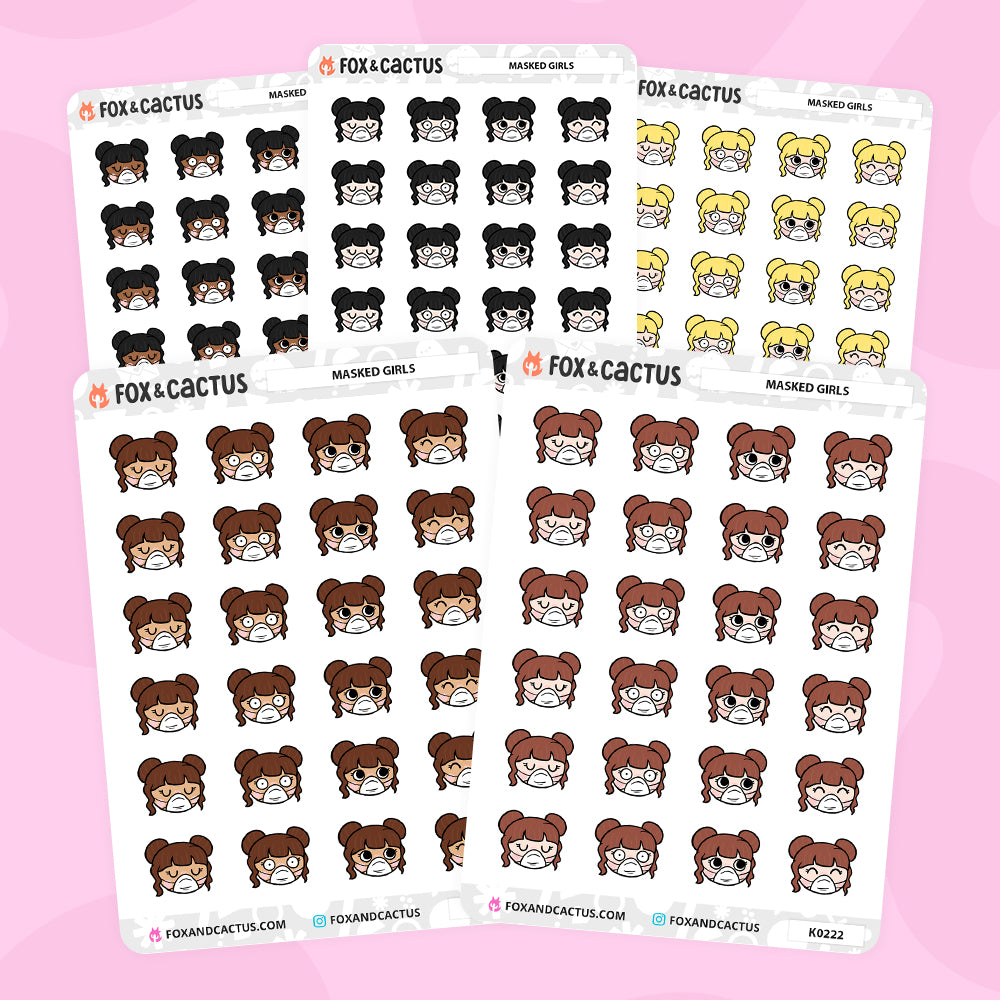 Masked Kawaii Girl Stickers by Fox and Cactus