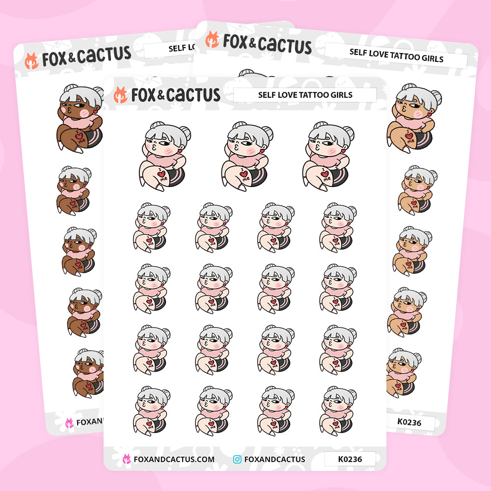 Self Love Tattoo (Grey Hair) Kawaii Girl Stickers by Fox and Cactus