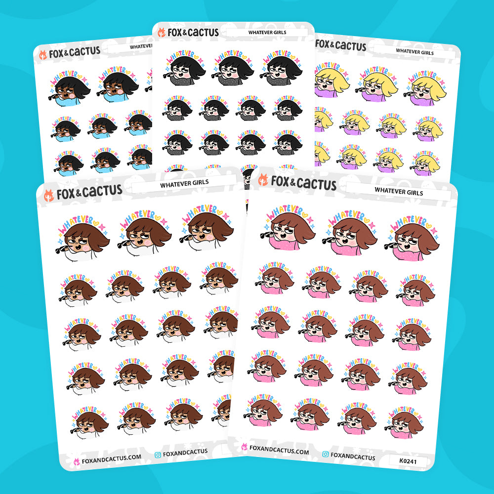 "Whatever" Kawaii Girl Stickers by Fox and Cactus