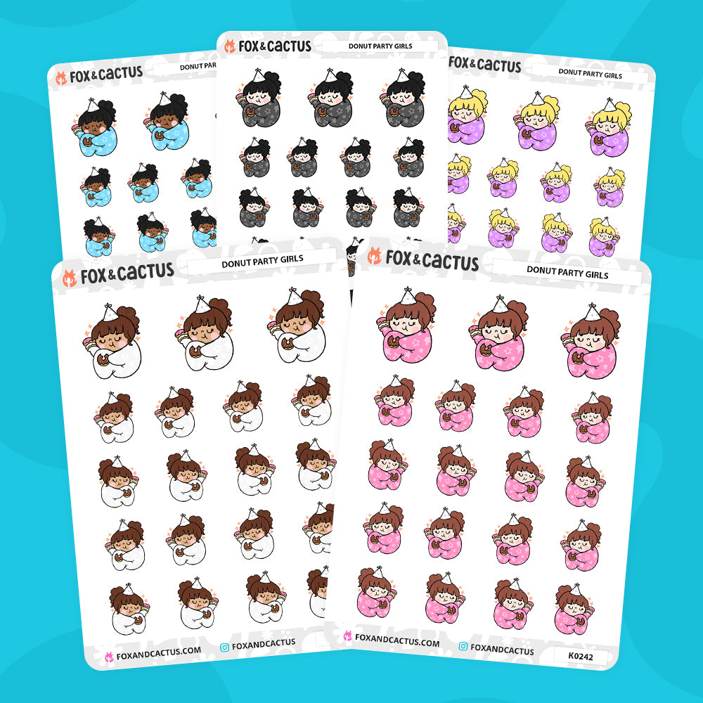 Donut Party Kawaii Girl Stickers by Fox and Cactus