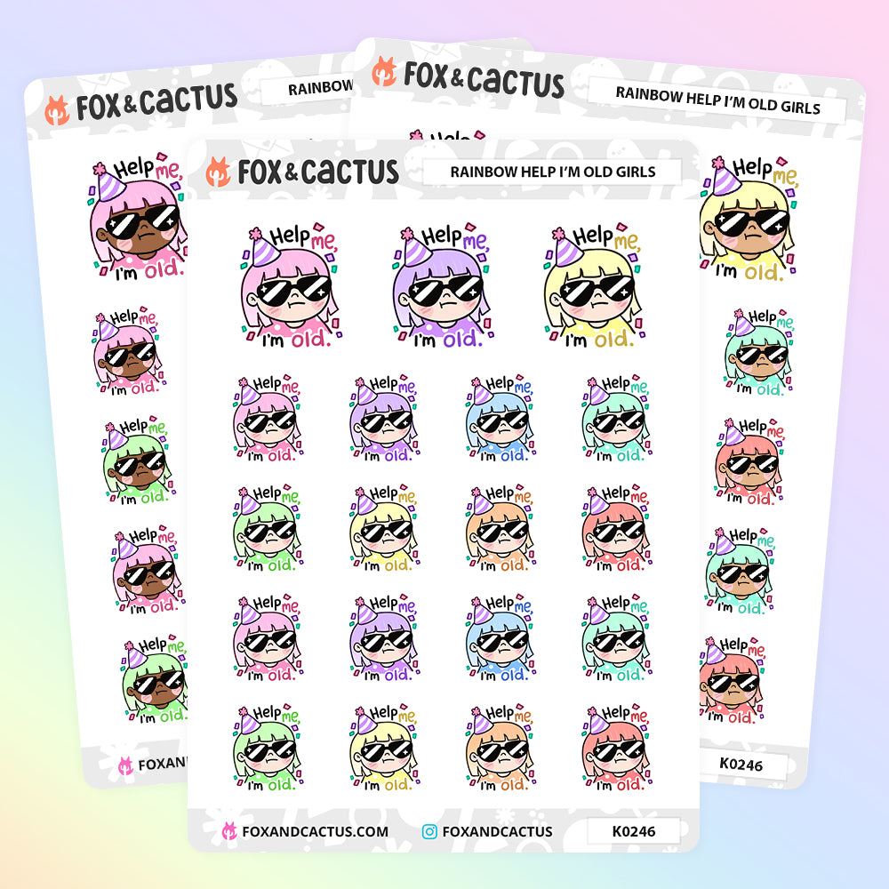 Rainbow Help Me I'm Old Kawaii Girl Stickers by Fox and Cactus