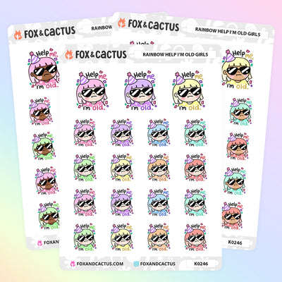 Rainbow Help Me I'm Old Kawaii Girl Stickers by Fox and Cactus