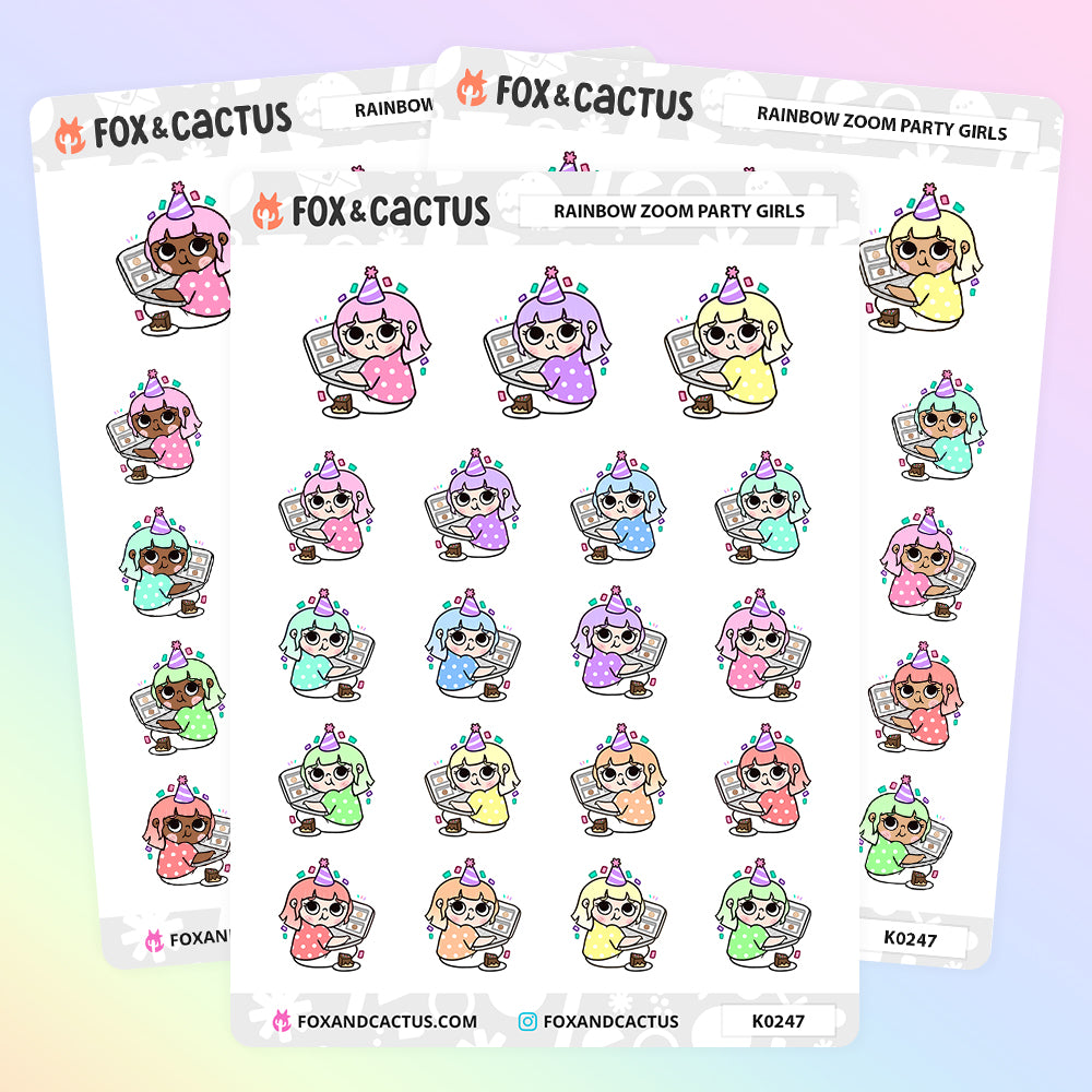 Rainbow Zoom Party Kawaii Girl Stickers by Fox and Cactus