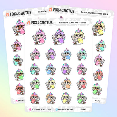 Rainbow Zoom Party Kawaii Girl Stickers by Fox and Cactus