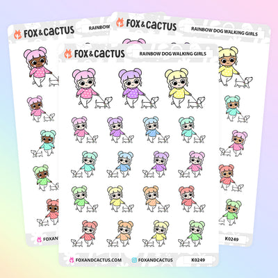 Rainbow Dog Walking Kawaii Girl Stickers by Fox and Cactus