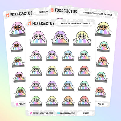 Rainbow Snuggled TV Kawaii Girl Stickers by Fox and Cactus