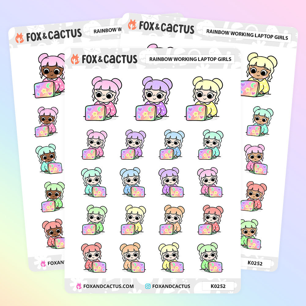Rainbow Working Laptop Kawaii Girl Stickers by Fox and Cactus