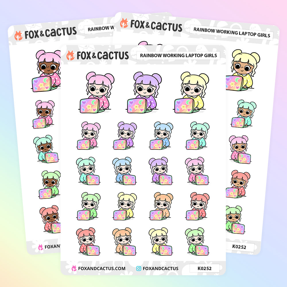 Rainbow Working Laptop Kawaii Girl Stickers by Fox and Cactus
